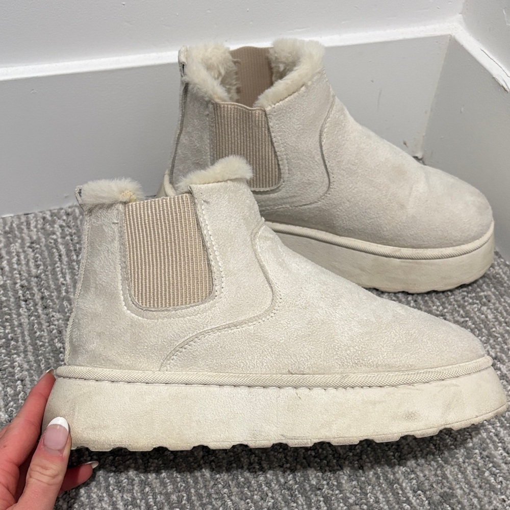Cream Suede Ankle Boots with Fur Lining